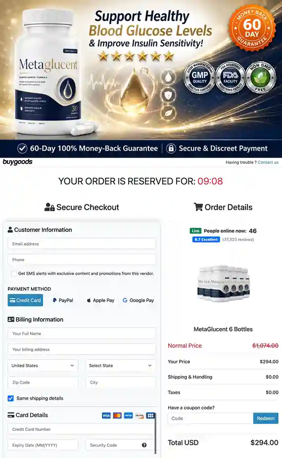 MetaGlucent secure checkout — all payment methods accepted